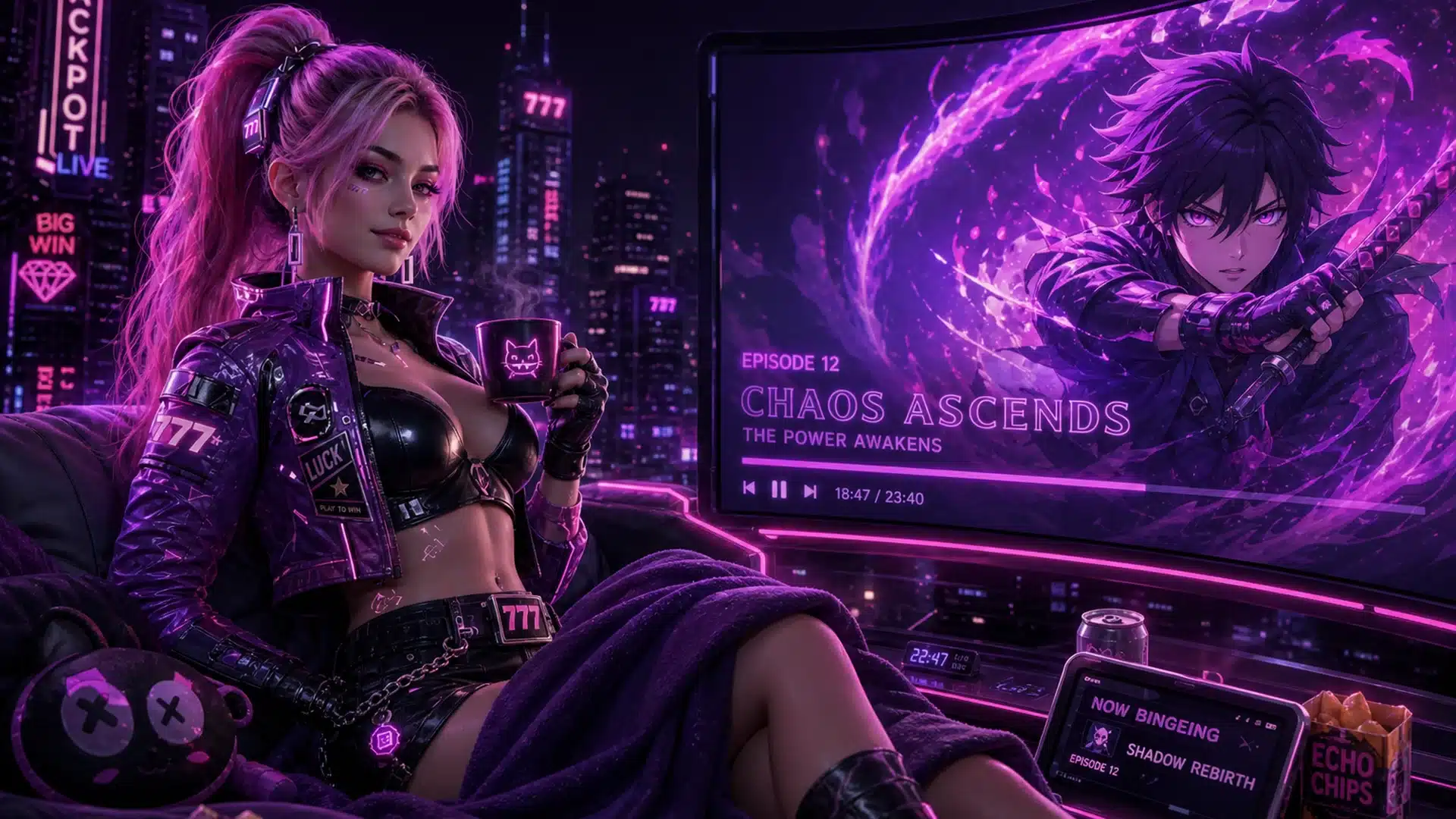 Ilustrasi cyberpunk anime gambling arc senin malam - Spinsakti