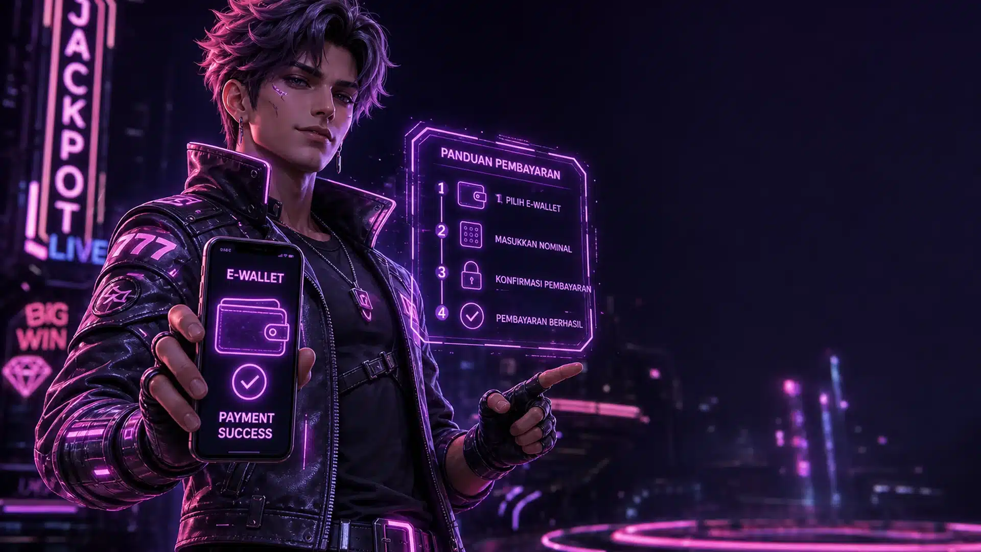 Ilustrasi cyberpunk tutorial deposit e-wallet step by step - Spinsakti