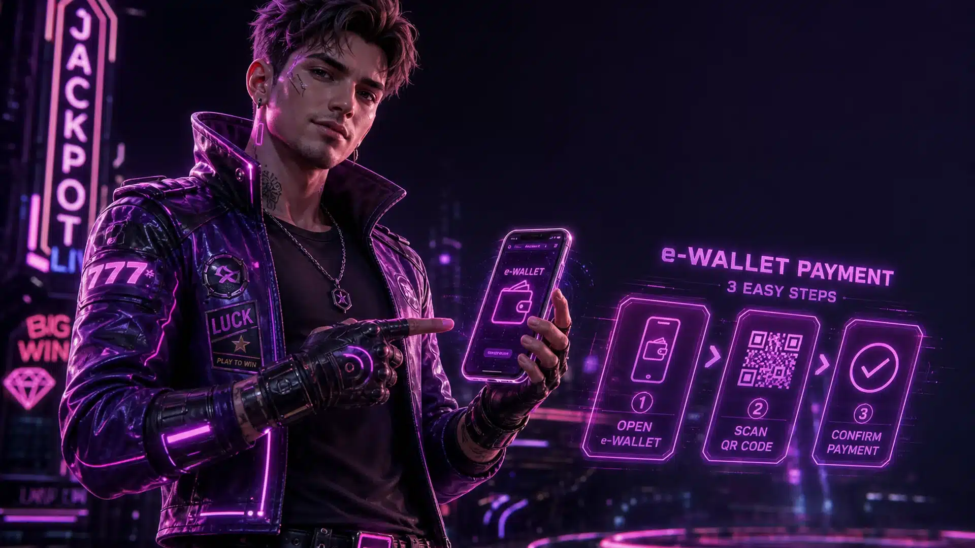 Ilustrasi cyberpunk deposit e-wallet jumat pre-weekend - Spinsakti