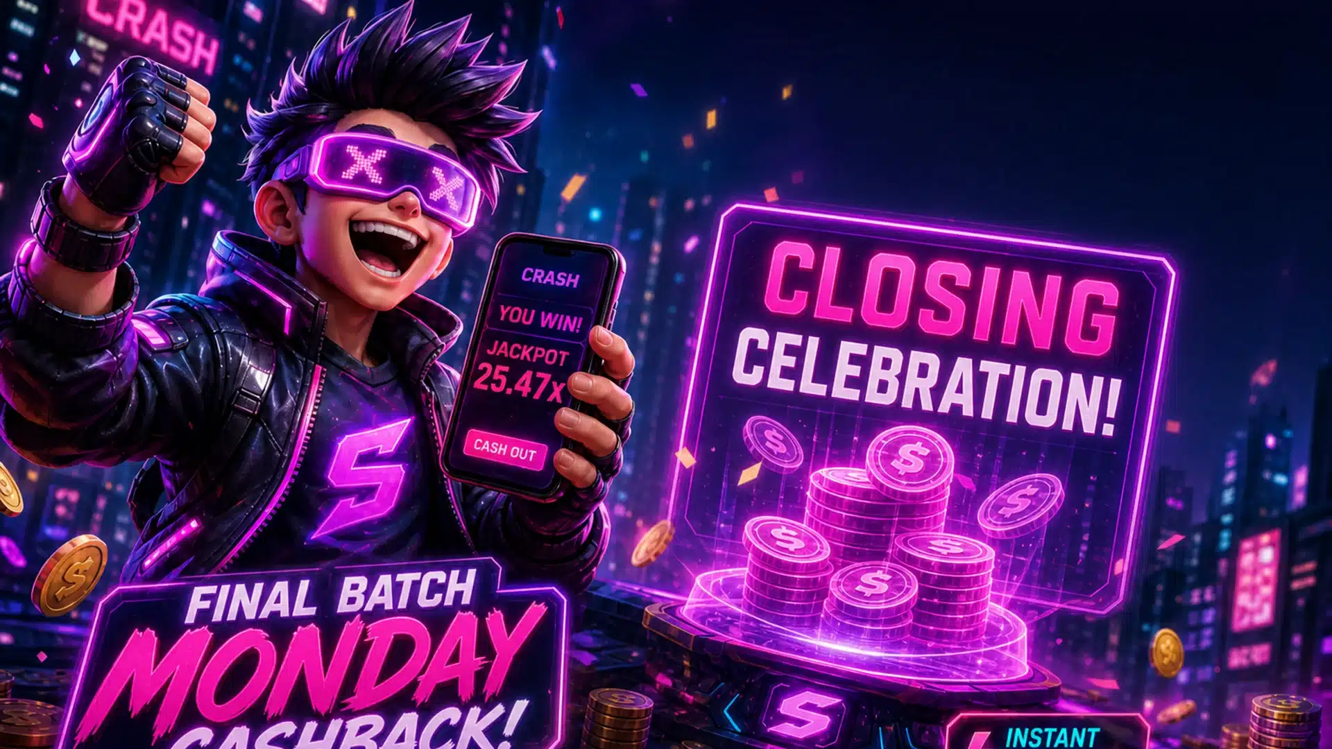 Ilustrasi cyberpunk cashback senin closing batch - Spinsakti