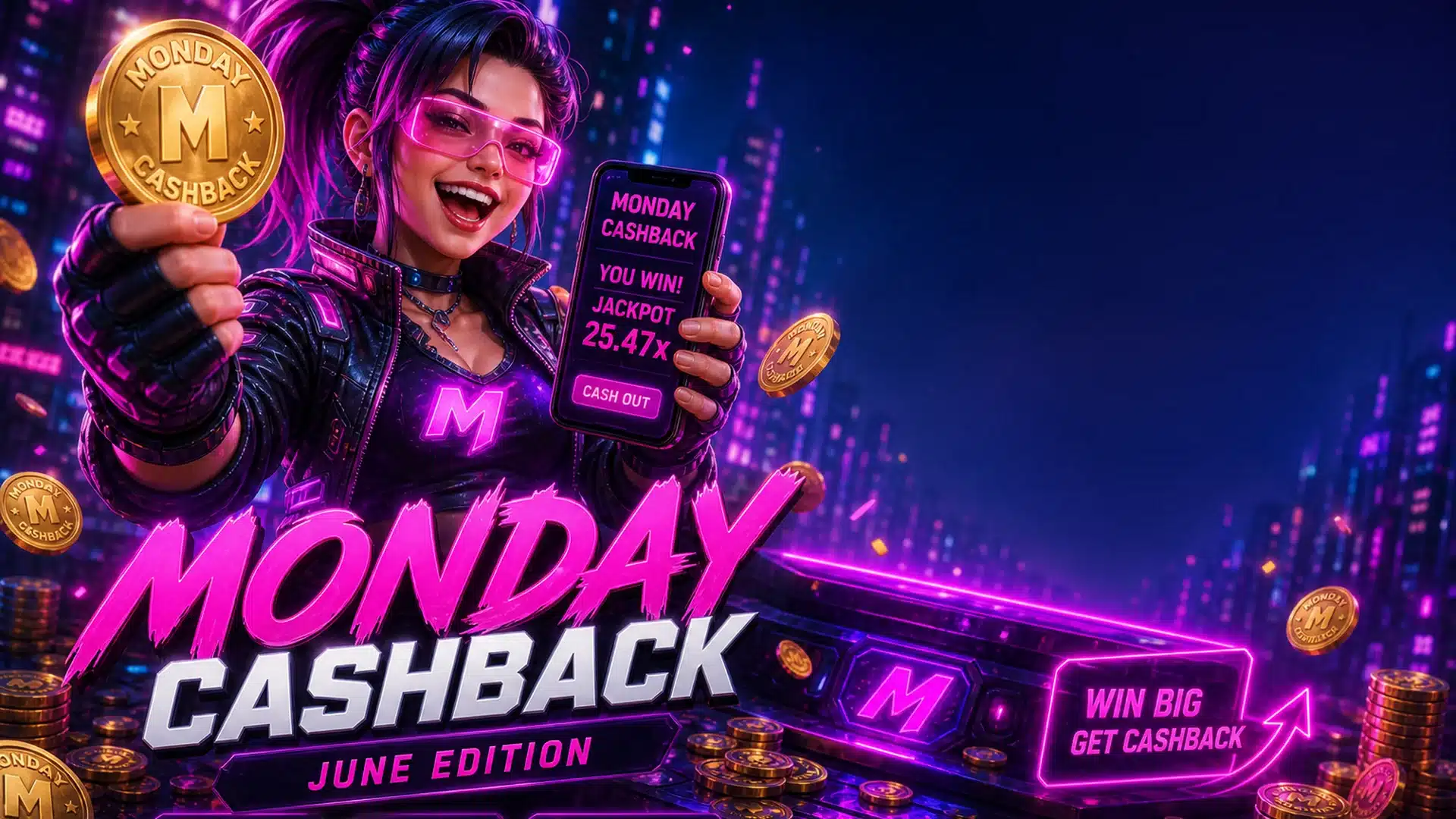Ilustrasi cyberpunk cashback senin 8 pekan - Spinsakti