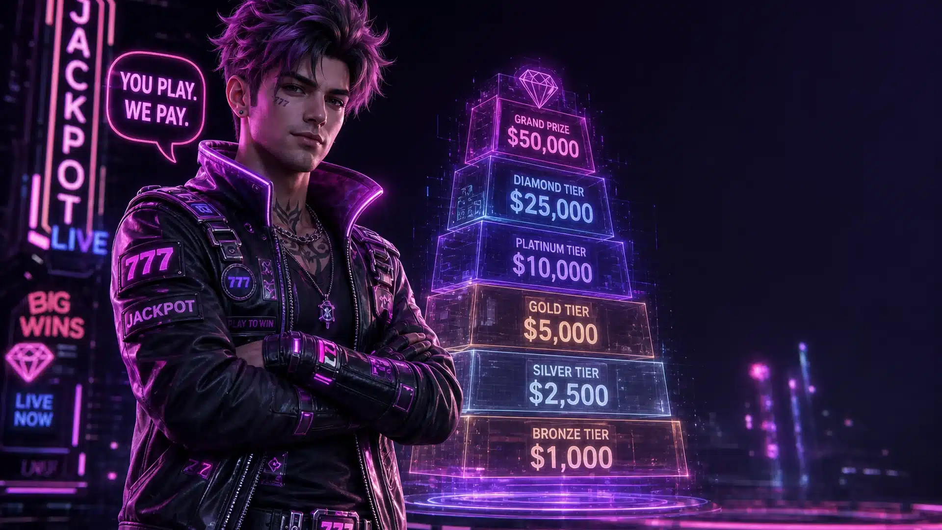 Ilustrasi cyberpunk jackpot progresif sabtu gajian - Spinsakti