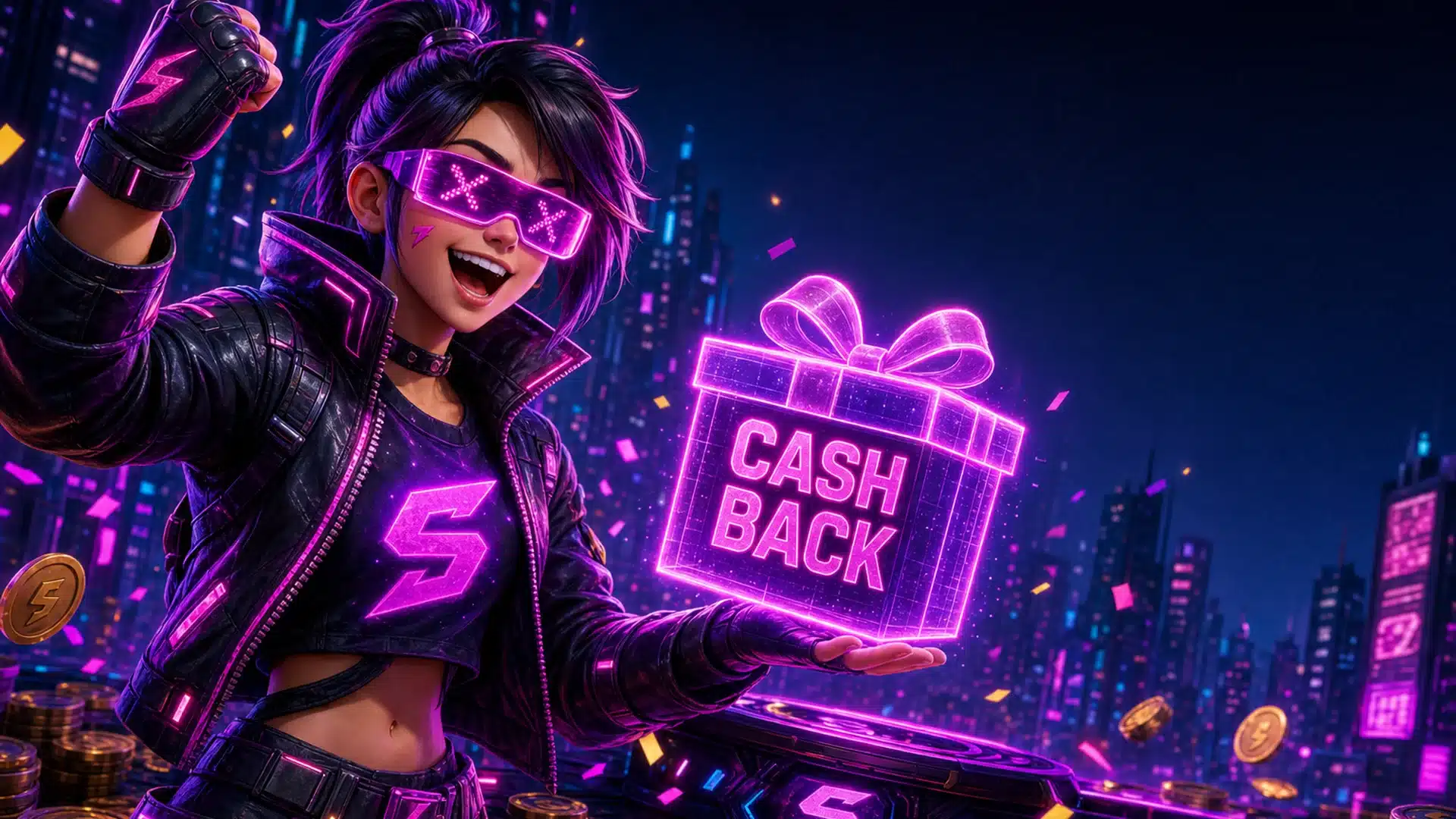 Ilustrasi cyberpunk promo cashback senin spinsakti - Spinsakti