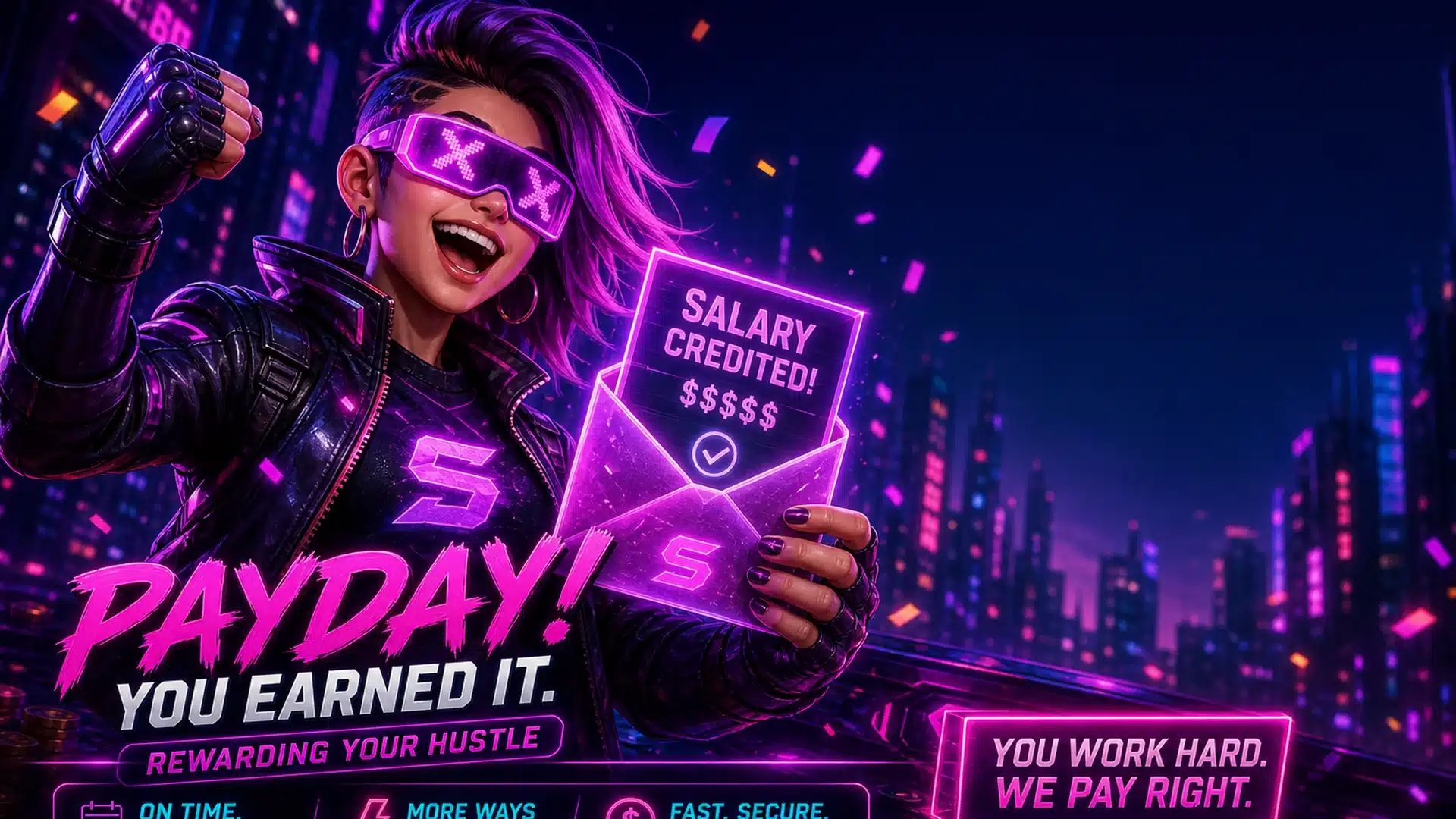 Ilustrasi cyberpunk promo gajian 28 window start - Spinsakti