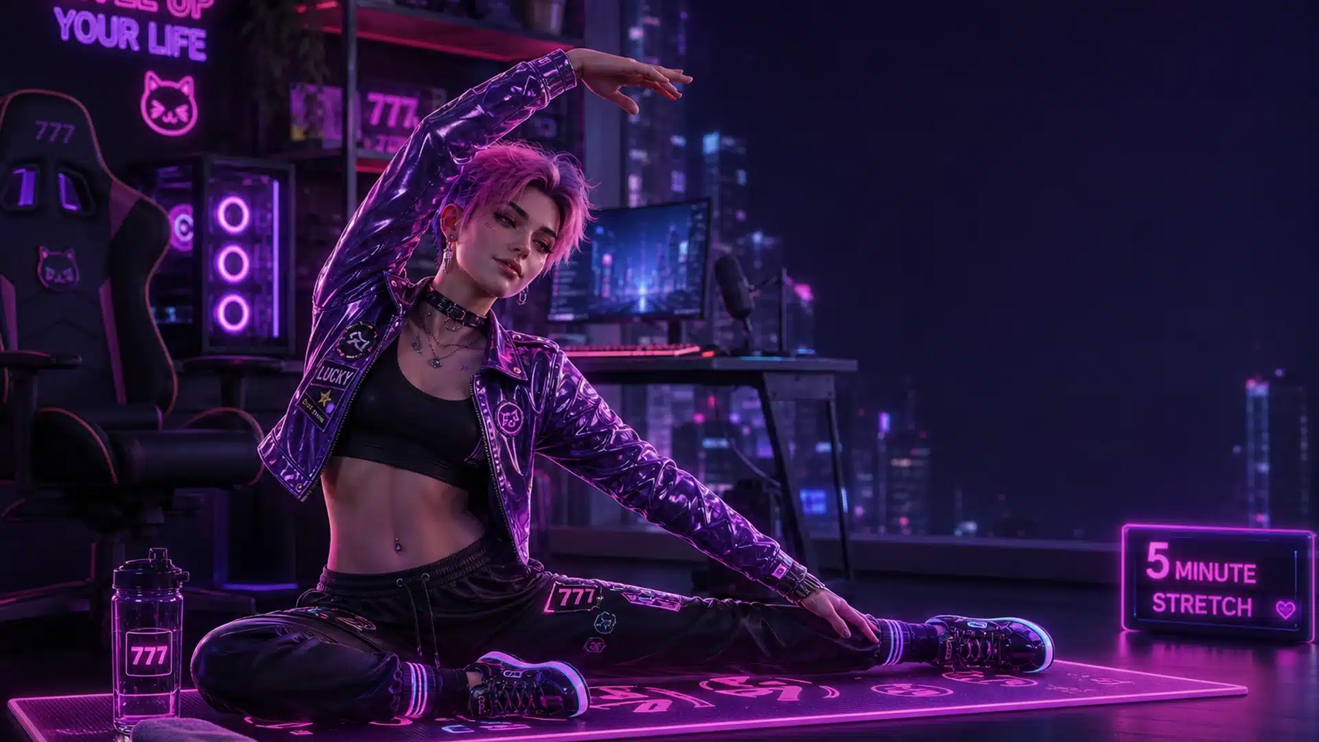 Ilustrasi cyberpunk stretch pre-marathon rabu pre-gajian weekend - Spinsakti